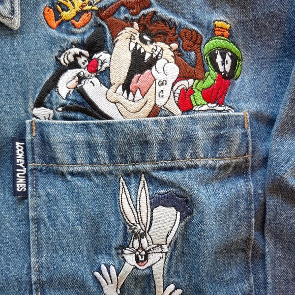 Vintage authentic Warner Studio Looneytunes blue denim long sleeve shirt Size L - Picture 3 of 8